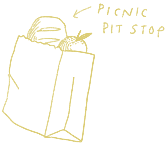 An illustration of a paper bag filled with picnic food